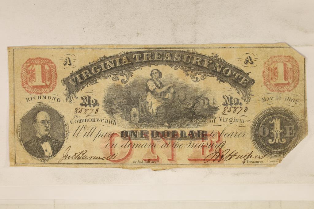 1862 $1 OBSOLETE VIRGINIA TREASURY NOTE. HAND (1 of 2)