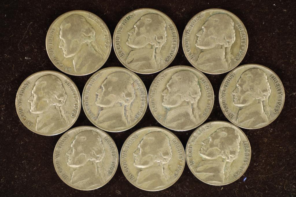 10 JEFFERSON SILVER WAR NICKELS 1943-P TO 1945-P (1 of 2)