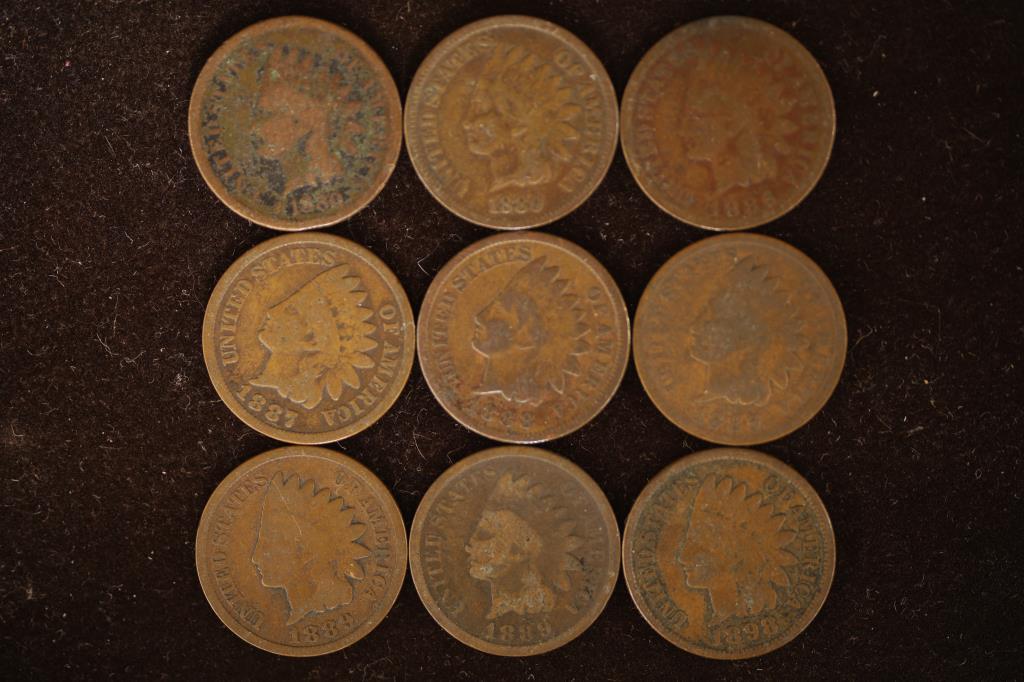 9 ASSORTED 1880'S INDIAN HEAD CENTS (1 of 2)