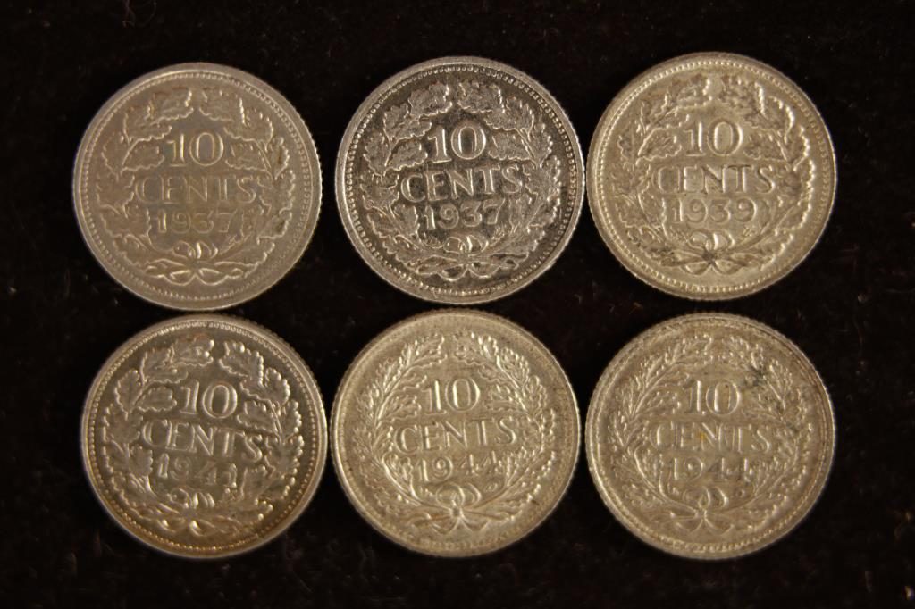 6 NETHERLANDS 1937 - 1944 SILVER 10 CENT COINS. (1 of 2)