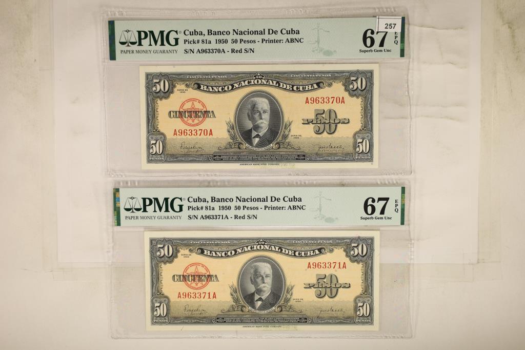 2-1950 BANK OF CUBA 50 PESO NOTES BOTH PMG 67: SUPERB GEM UNC AND ARE CONSECUTIVE SERIAL NUMBERS