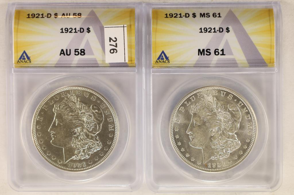 2- MORGAN SILVER DOLLARS 1921-D ANACS AU58 & (1 of 2)