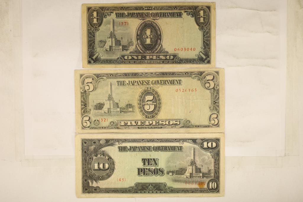 3 JAPANESE INVASION CURRENCY BILLS: 1 PESO,: 5 PESO AND TEN PESOS