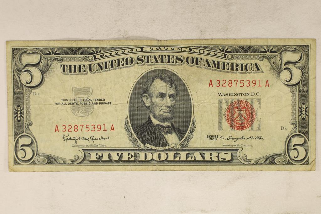1963 $5 US RED SEAL NOTE (1 of 2)