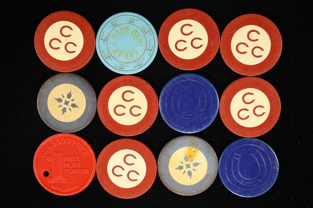 12 CASINO POKER CHIPS AND TOKENS (1 of 2)