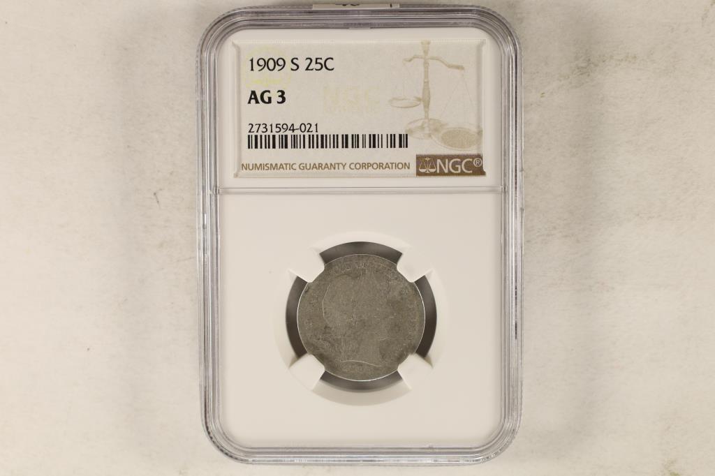 1909-S SILVER BARBER QUARTER NGC AG3: WATCH FOR OUR NEXT AUCTION ON MON. SEPT. 19TH, 2022 AT 7 PM EDT