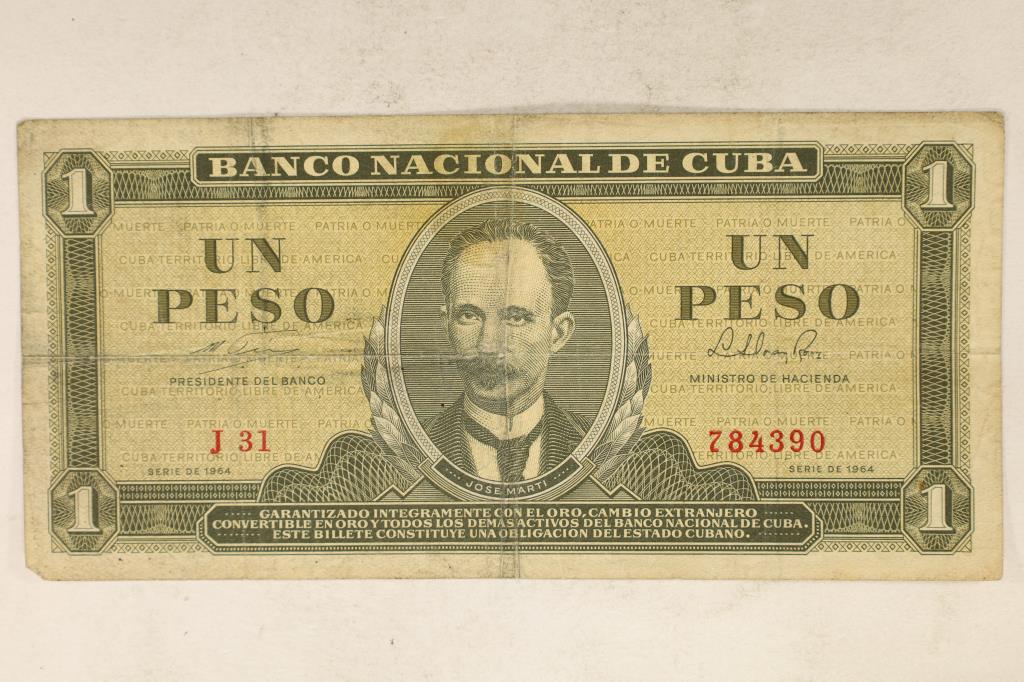 1964 CUBA 1 PESO NOTE: WATCH FOR OUR NEXT AUCTION ON MON. SEPT. 19TH, 2022 AT 7 PM EDT