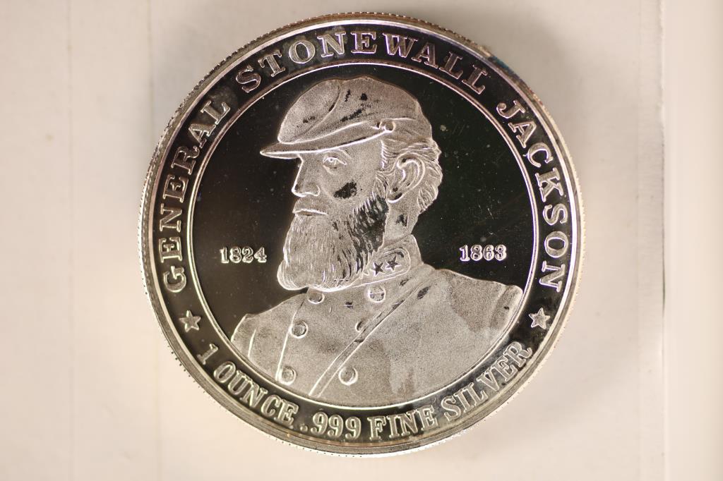 1 TROY OZ .999 FINE SILVER "STONEWALL JACKSON": PROOF ROUND. STONEWALL JACKSON ON OBVERSE & CONFEDERATE STATES OF AMERICA ON REVERSE WITH HORSE & RIDER. WITH TONING ON BOTH SIDES