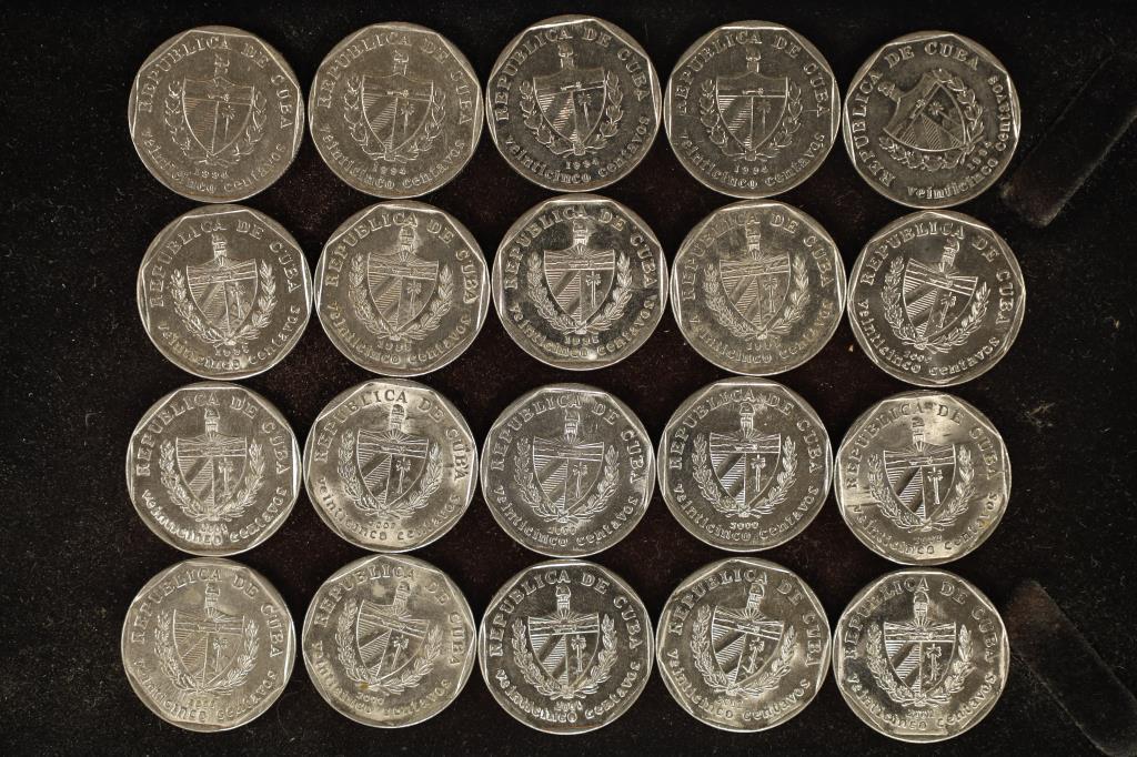 20-1994-2002 CUBA EF-UNC 25 CENTAVO COINS: MAY NOT CONTAIN ALL DATES AND MAY CONTAIN DUPLICATES.