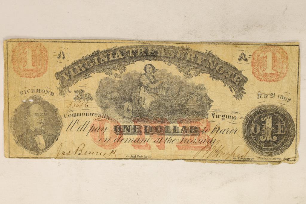 1862 RICHMOND VIRGINIA $1 OBSOLETE TREASURY NOTE (1 of 2)