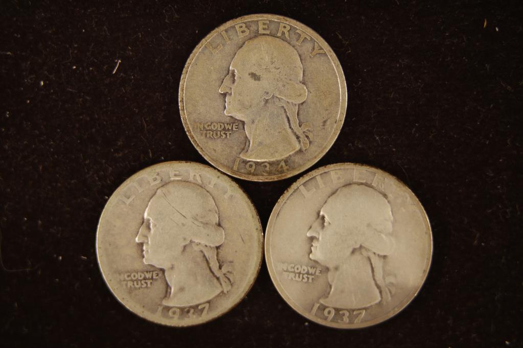 1934,1937 & 1937-S WASHINGTON SILVER QUARTERS (1 of 2)