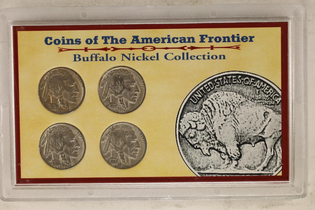 COINS OF THE AMERICAN FRONTIER BUFFALO NICKEL: COLLECTION CONTAINS: 1928-D, 1935, 1936 & 1937 BUFFALO NICKELS IN HARD PLASTIC CASE WITH INFORMATIONAL CARD