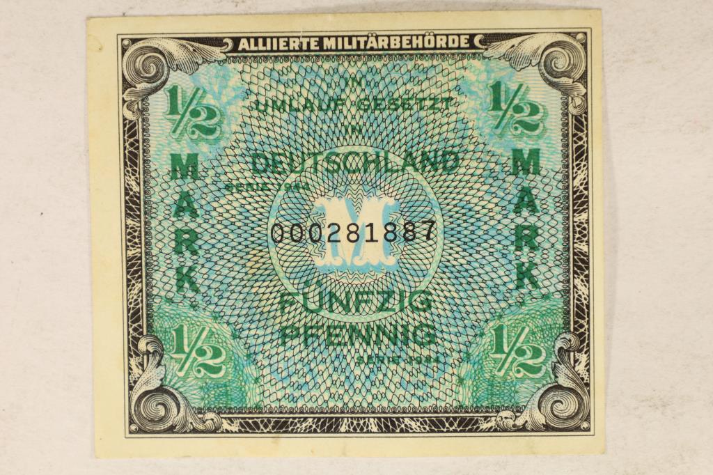 SERIES 1944 GERMANY 1/2 MARK MILITARY PAYMENT CERT: CRISP UNC