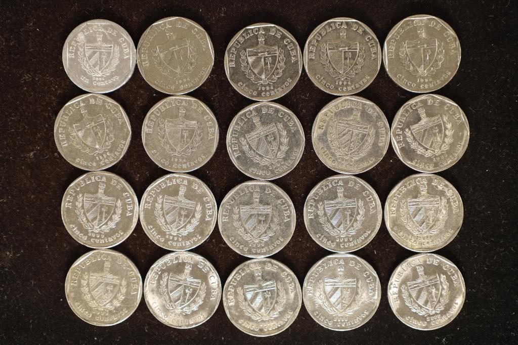 20 CUBA UNC CENTAVO COINS: 19-1994-2000 5 CENTAVOS: & 1-2001 1 CENTAVO. MAY NOT CONTAIN ALL DATES AND MAY CONTAIN DUPLICATES.