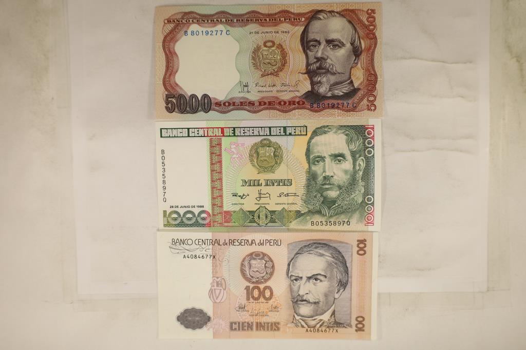 3 BANK OF PERU CRISP UNC BANK NOTES.  1987-100 (1 of 2)