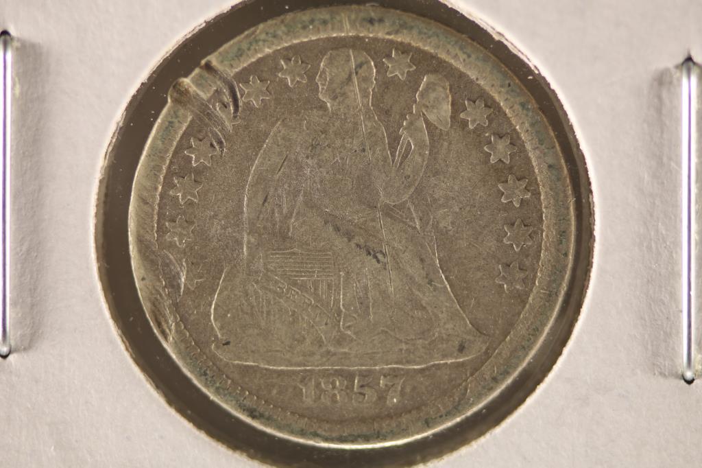 1857-O SEATED LIBERTY DIME (FINE) WITH MARK ON RIM (1 of 2)