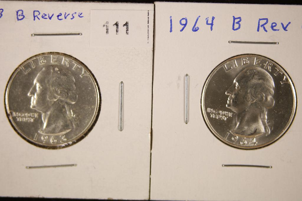 1963 & 1964 WASHINGTON SILVER QUARTERS B REV'S BU (1 of 2)