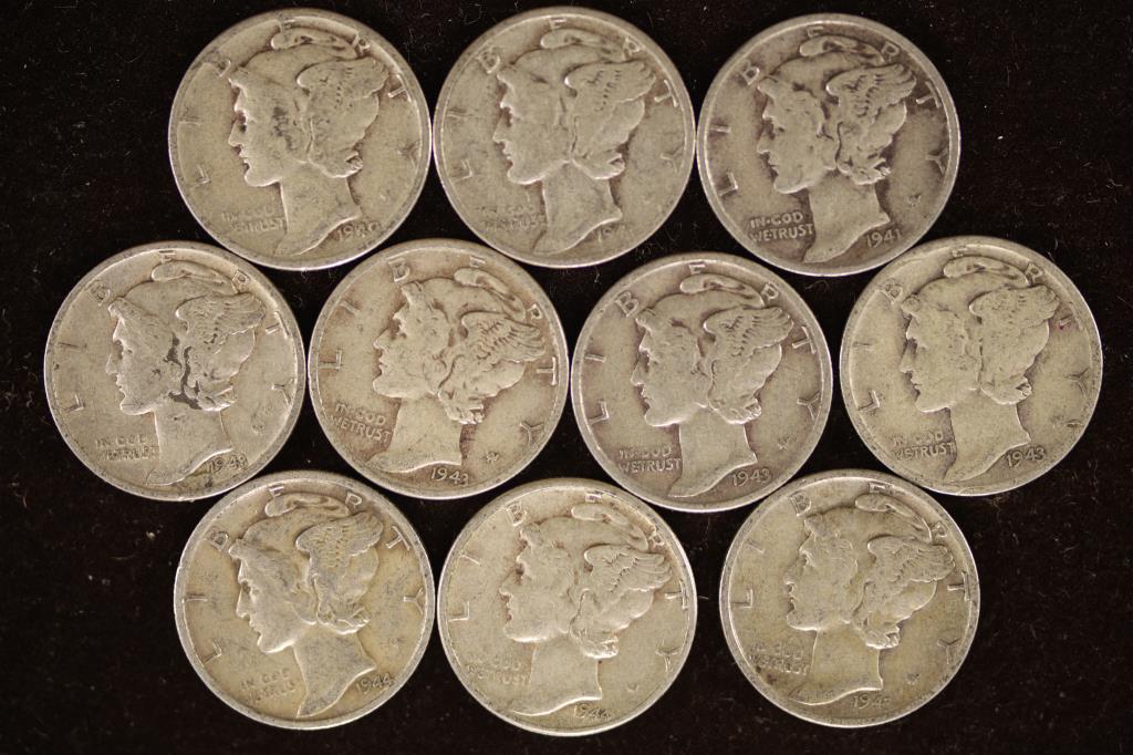 10 ASSORTED 1940'S SILVER MERCURY DIMES (1 of 2)