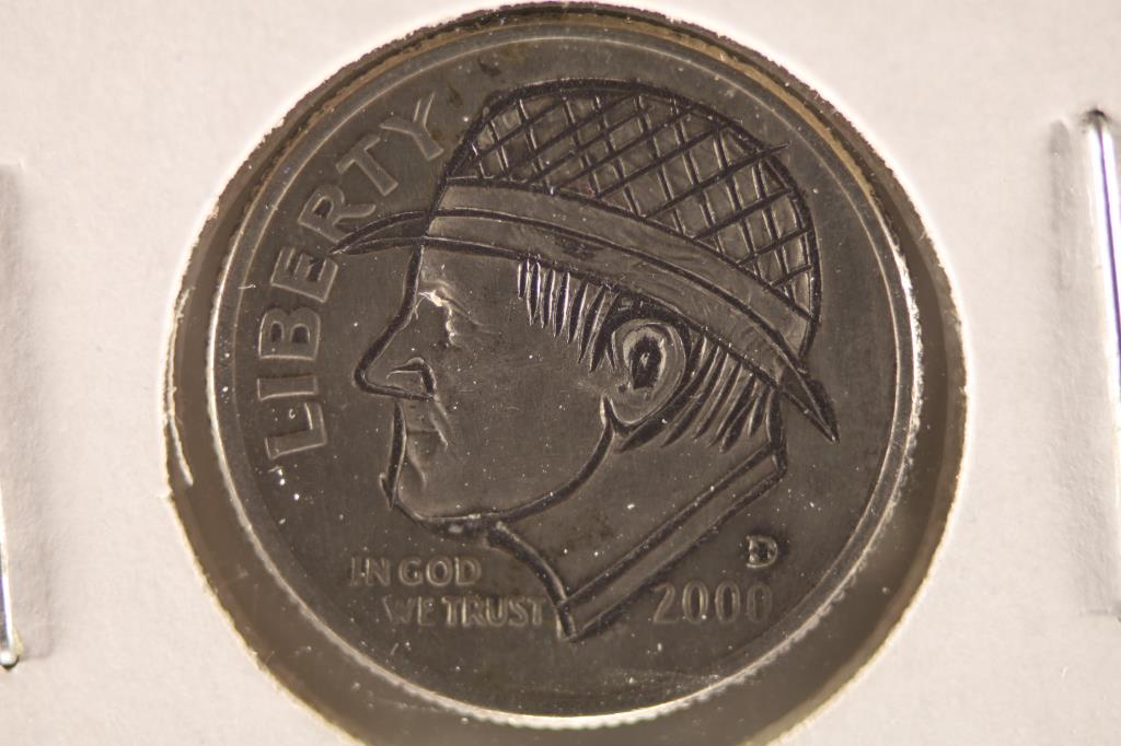 HOBO DIME ON A 2000-D ROOSEVELT DIME BRILLIANT UNC: NEAT PIECE HAND ENGRAVED, USUALLY DO NOT SEE DIMES DONE UP