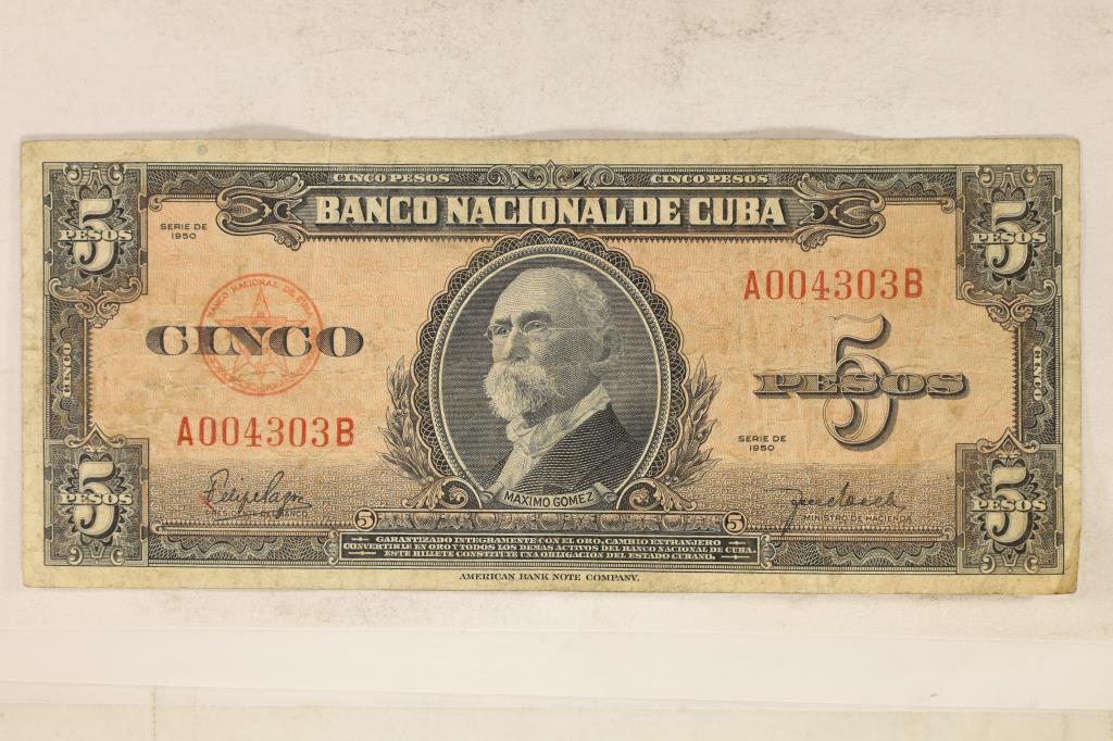 1-1920 BANK OF CUBA 5 PESO BANK NOTE: WATCH FOR OUR NEXT AUCTION ON MON. SEPT. 26TH, 2022 AT 7 PM EDT