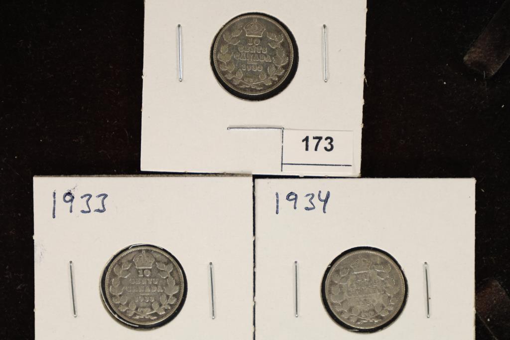 1932, 1933 & 1934 CANADA SILVER 10 CENTS (1 of 2)