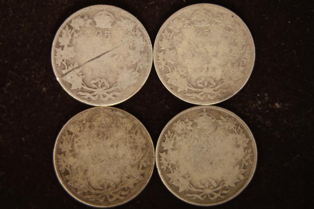 4 CANADA SILVER 25 CENT COINS. 1918, 1919 & 2 NO (1 of 2)