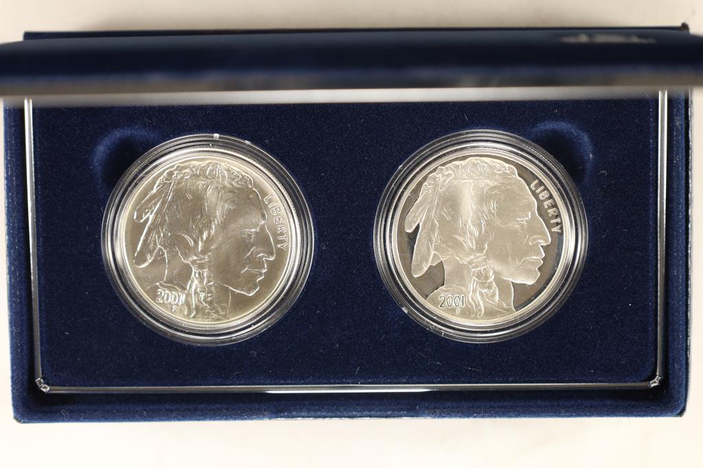 2001 AMERICAN BUFFALO 2 COIN COMMEMORATIVE SET: INCLUDES: 2001-P PROOF SILVER DOLLAR & 2001-D UNC SILVER DOLLAR. IN ORIGINAL U.S. MINT PACKAGING WITH CERT. BETTER DATE SET