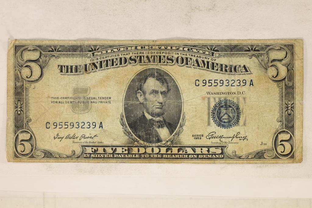1953 U.S. $5 SILVER CERTIFICATE, BLUE SEAL. (1 of 2)