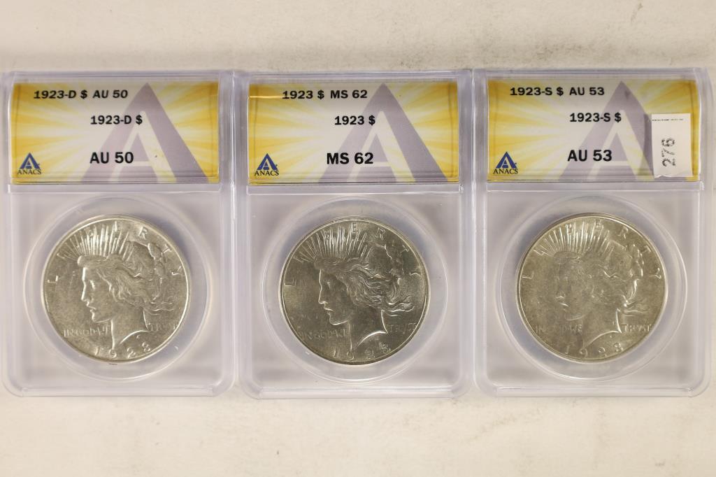 3-ANACS CERTIFIED PEACE SILVER DOLLARS: 1923 MS62, (1 of 2)
