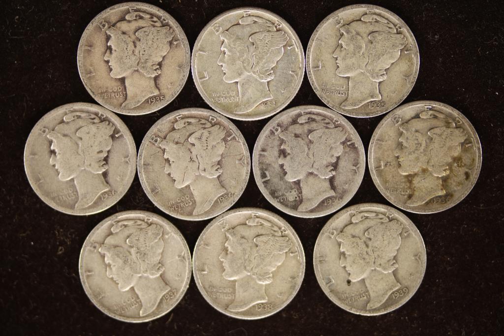 10 ASSORTED 1930'S SILVER MERCURY DIMES (1 of 2)