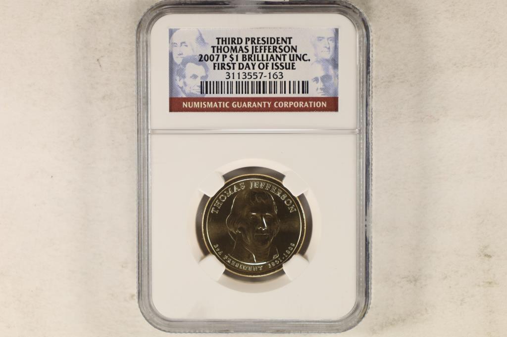 2007-P PRESIDENTIAL DOLLAR NGC BRILLIANT UNC: 1ST DAY ISSUE, 3RD PRESIDENT THOMAS JEFFERSON