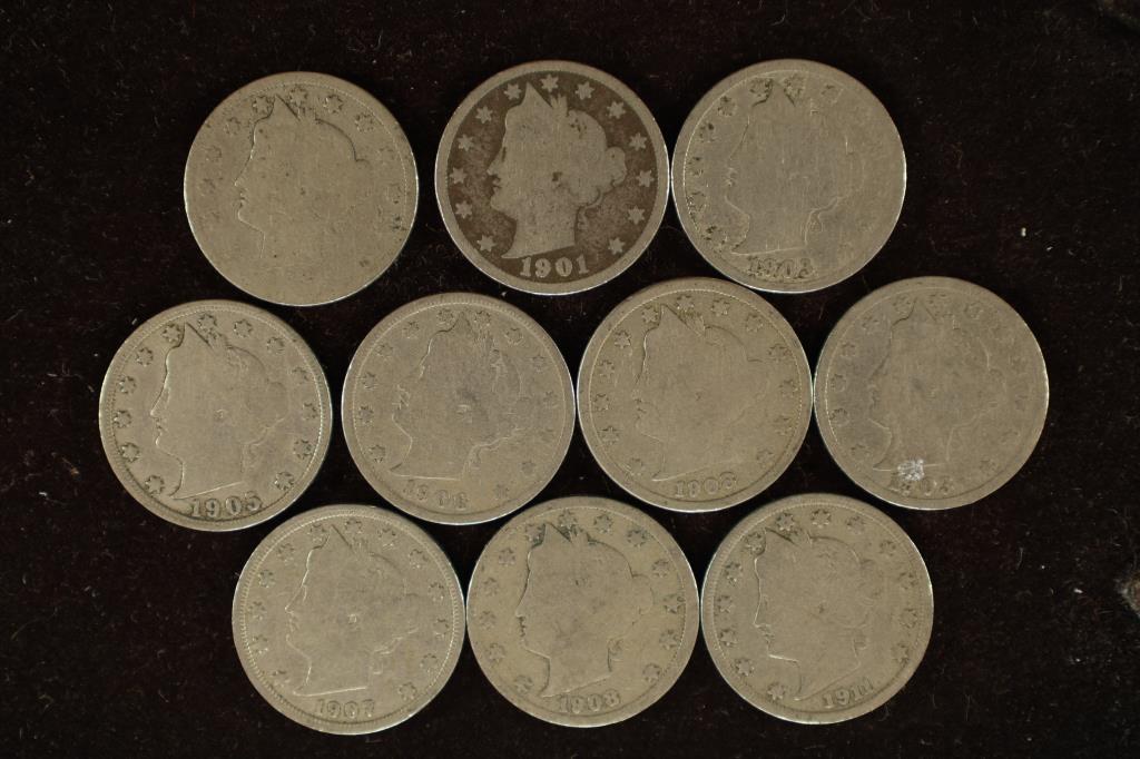 10 LIBERTY "V" NICKELS: DATES RANGE 1892-1911: MAY NOT INCLUDE ALL DATES AND MAY CONTAIN DUPLICATES