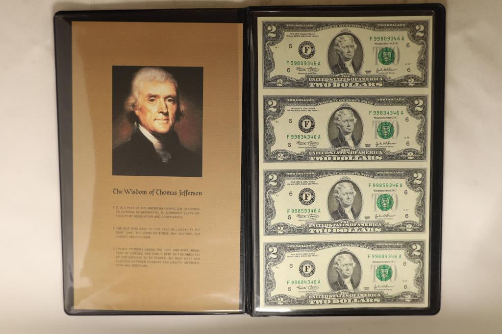 UNCUT SHEET OF 4-2003 US $2 FRN'S CRISP UNC IN: BLACK FOLIO