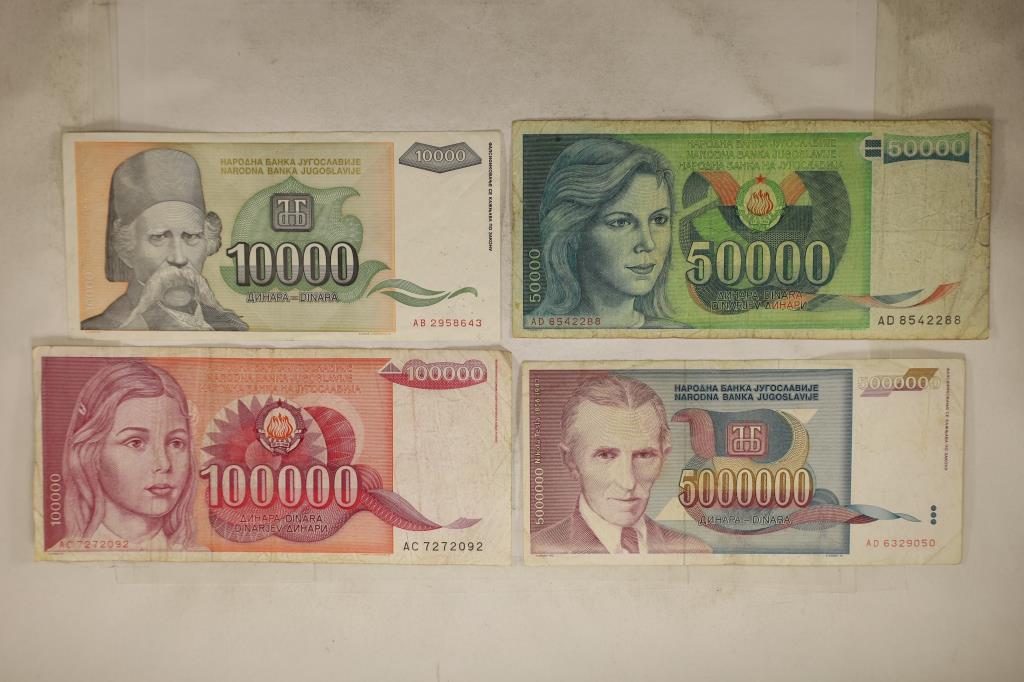 4 YUGOSLAVIAN BILLS.1993-10,000 DINARA,1988-50,000: DINARA, 1989-100,000 DINARA AND 1993-5,000,000 DINARA