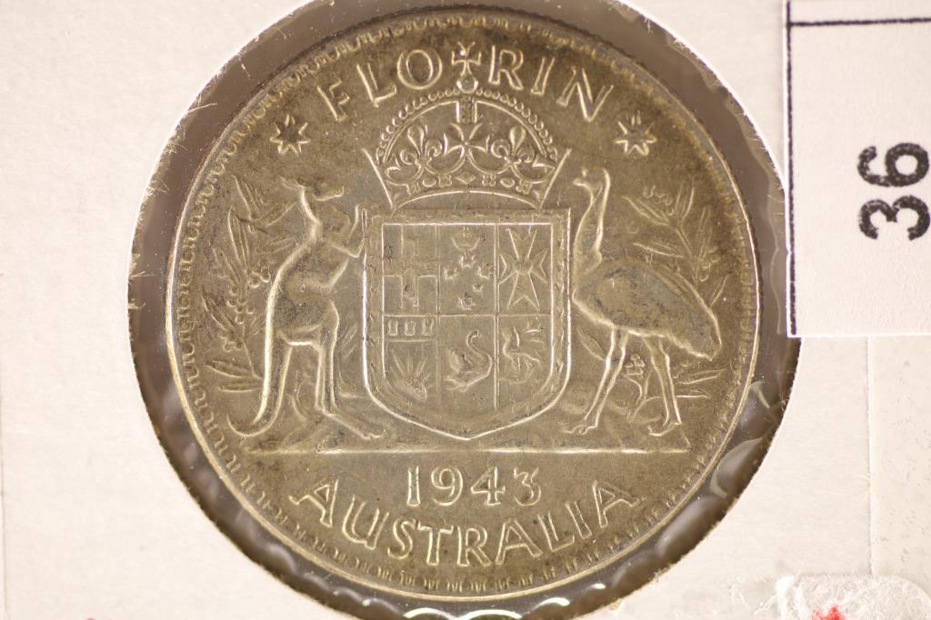 1943 AUSTRALIA SILVER 1 FLORIN COIN .3364 OZ. ASW: WATCH FOR OUR NEXT AUCTION ON MON. OCT. 10TH, 2022 AT 7 PM EDT