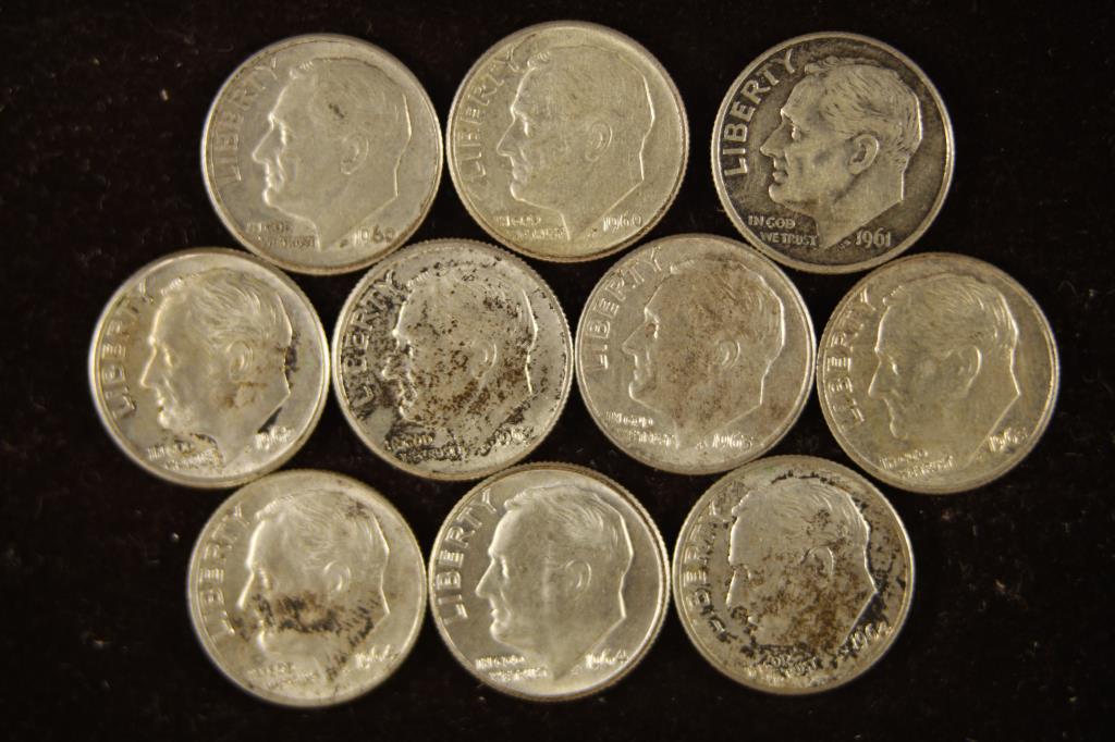 10 ASSORTED 1960'S SILVER ROOSEVELT DIMES (1 of 2)