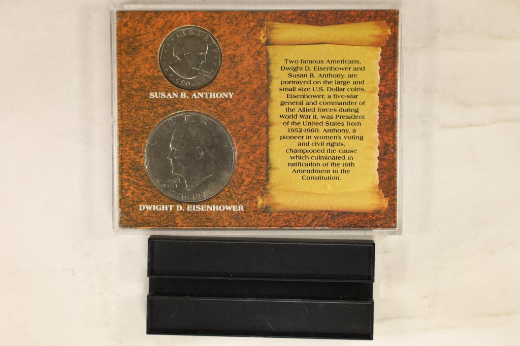 TWO FAMOUS AMERICANS COIN SET INCLUDES A 1976 IKE: DOLLAR AND 1980-D SUSAN B. ANTHONY DOLLAR IN HARD PLASTIC DISPLAY CASE AND PLASTIC BASE.