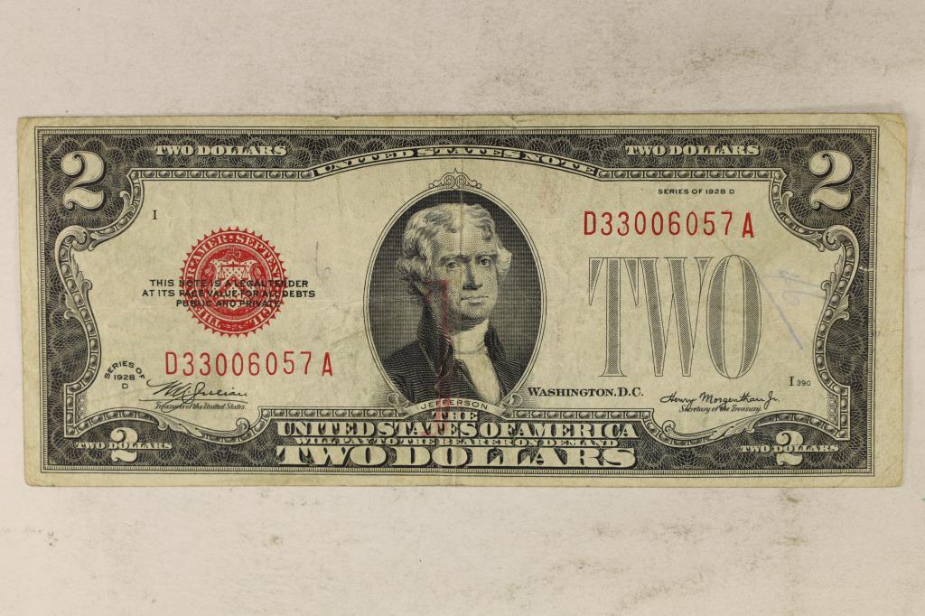 1928-S US $2 NOTE, RED SEAL, INK SPOT DOWN CENTER (1 of 2)