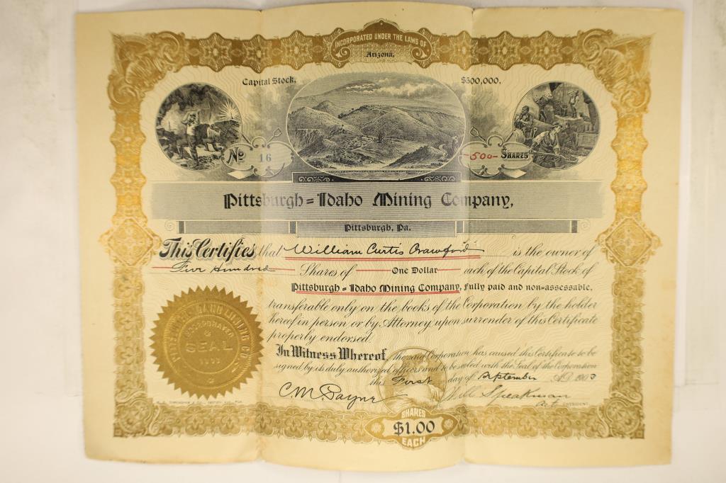 1903 PITTSBURGH-IDAHO MINING COMPANY STOCK CERT. (1 of 2)