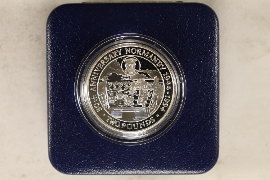 1994 GUERNSEY SILVER PROOF 2 POUND COIN. 50TH: ANNIVERSARY OF THE ALLIED INVASION OF EUROPE. ORIGINAL ROYAL MINT PACKAGING WITH CERT., MAX OF ONLY 10,000 PIECES, DONE IN STERLING SILVER