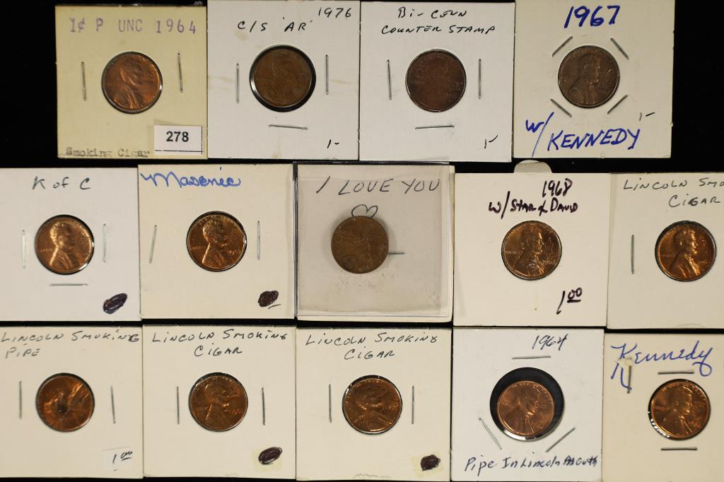14 ASSORTED LINCOLN CENTS WITH ENGRAVINGS-CIGARS, (1 of 2)