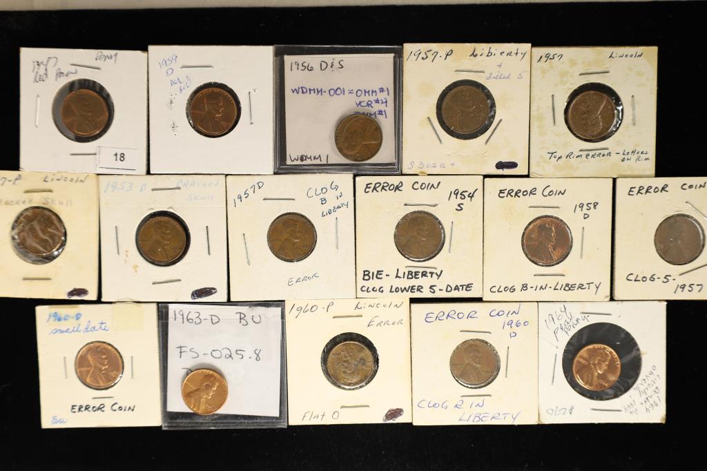 16 ASSORTED ERROR LINCOLN CENTS 1947-1964 SOME (1 of 2)