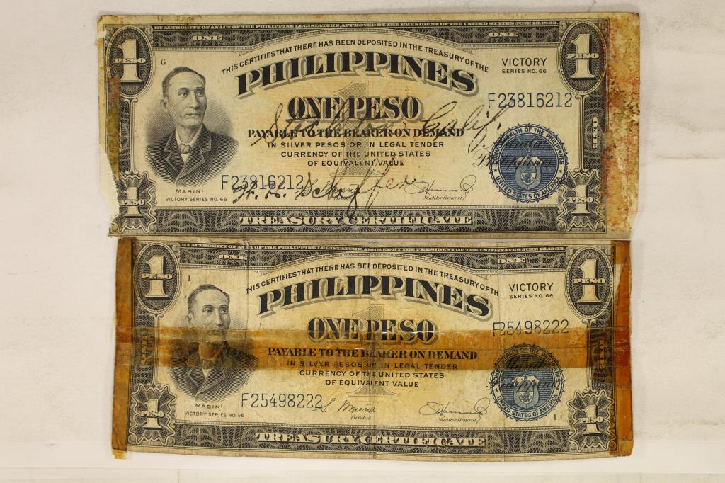 2 US PHILIPPINES SHORT SNORTER ONE PESO BILLS: WITH ORANGE BACK "VICTORY" STAMP PLUS SIGNATURES AND TAPE MARKS