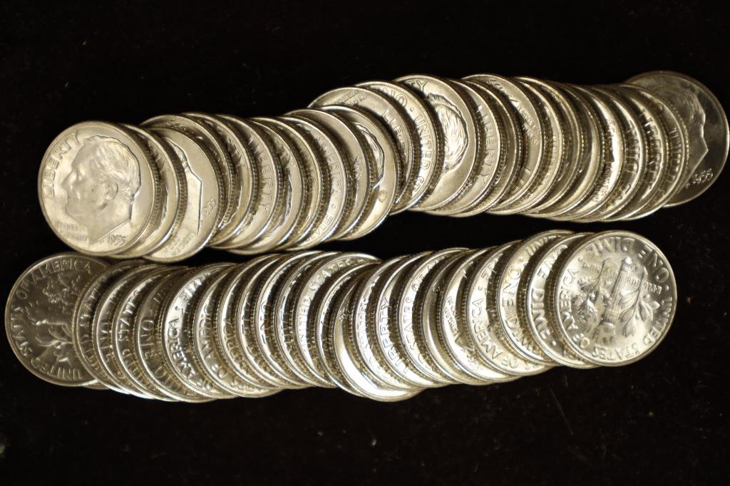 $5 SOLID DATE ROLL OF 1955-D BU SILVER ROOSEVELT: DIMES