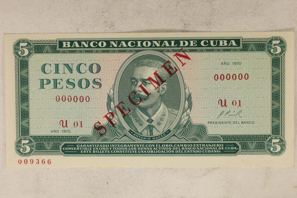 1970 CUBA 5 PESO CRISP UNC SPECIMEN BILL: WATCH FOR OUR NEXT AUCTION ON MON. OCT. 24TH, 2022 AT 7 PM EDT