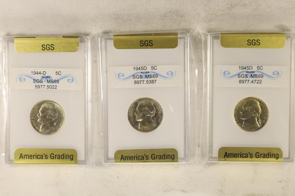 3 SLABBED 35% SILVER JEFFERSON WAR NICKELS: 1944-D (1 of 2)