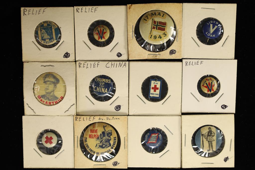 12 ASSORTED METAL WWII ERA PINS.  INCLUDING: LIBER (1 of 2)