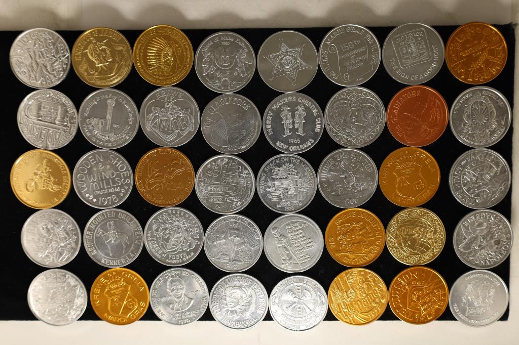 40 ASSORTED ALUMINUM MARDI GRAS TOKENS (1 of 2)