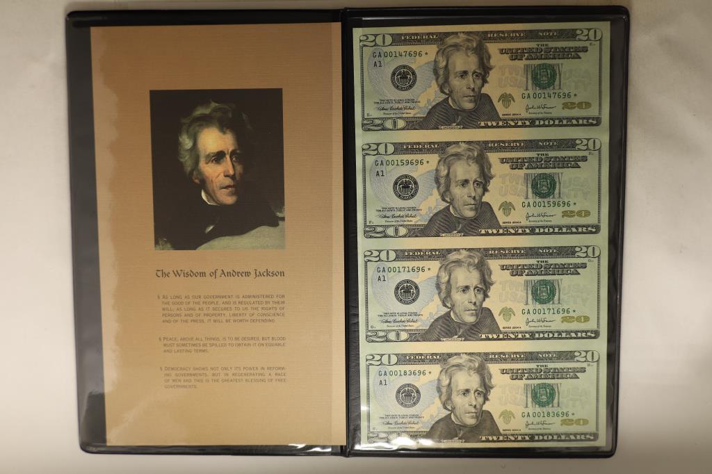 2004-A UNCUT SHEET OF 4 US $20 FRNS STAR NOTES (1 of 3)