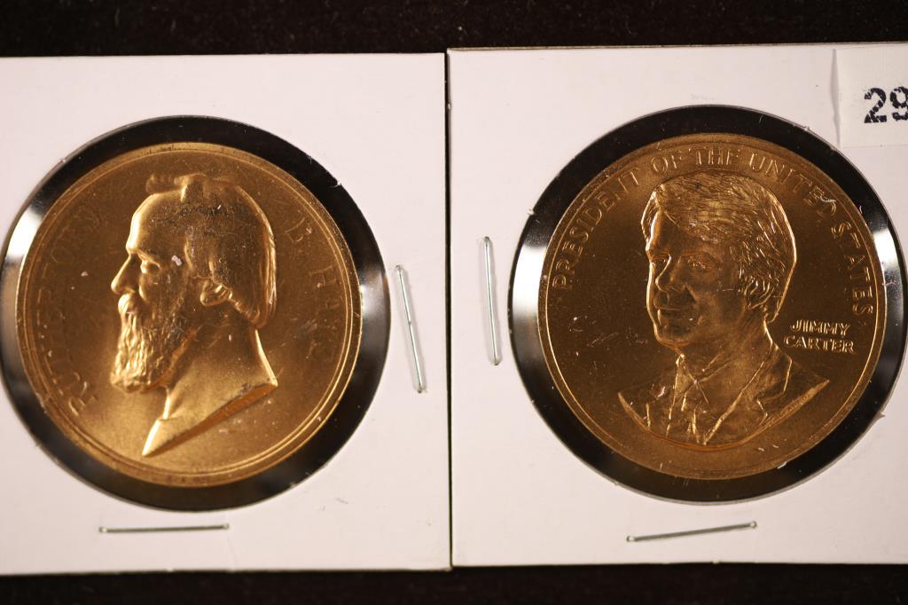 2-1 1/2" METAL PRESIDENTIAL TOKENS BRILLIANT UNC.: JIMMY CARTER AND RUTHERFORD B. HAYES
